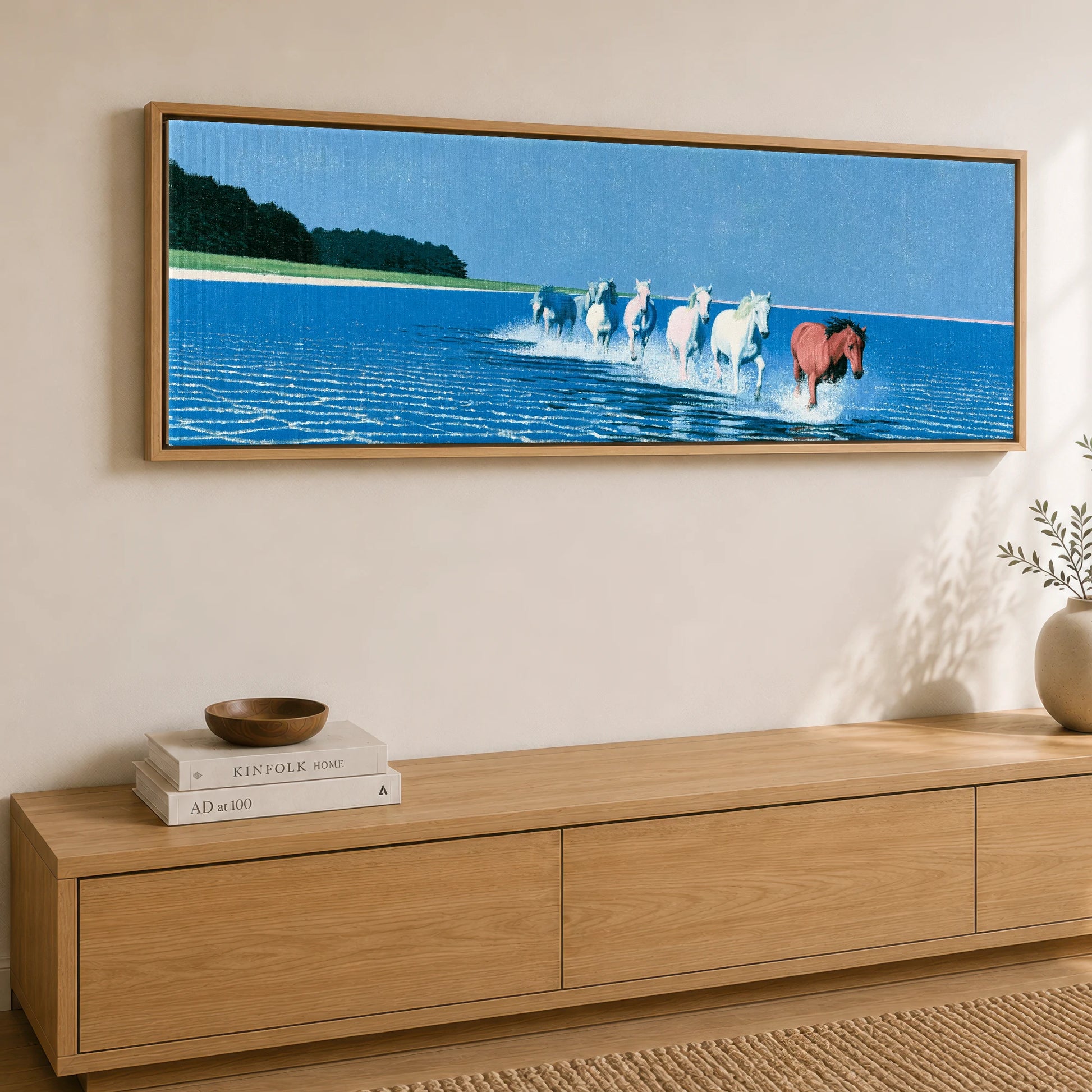 Through the Azure Shallows Horse Landscape panoramic canvas wall art displayed above a sideboard
