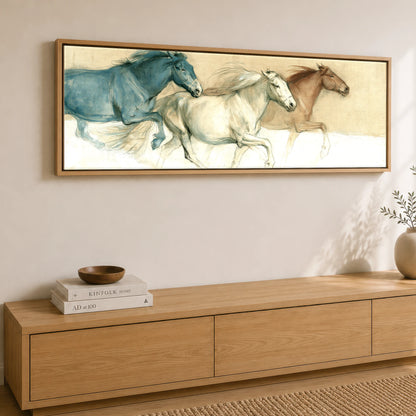 The Three Strides Horse Landscape panoramic canvas wall art displayed above a sideboard
