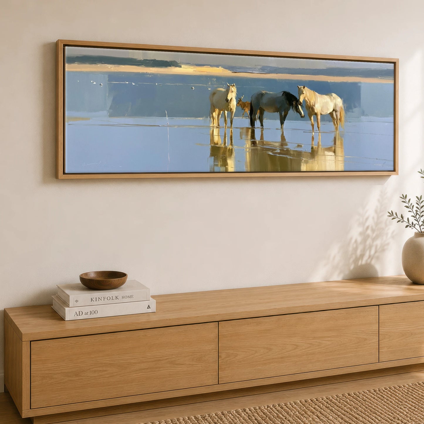Coastal Reflections Beach Horse panoramic canvas wall art displayed above a sideboard