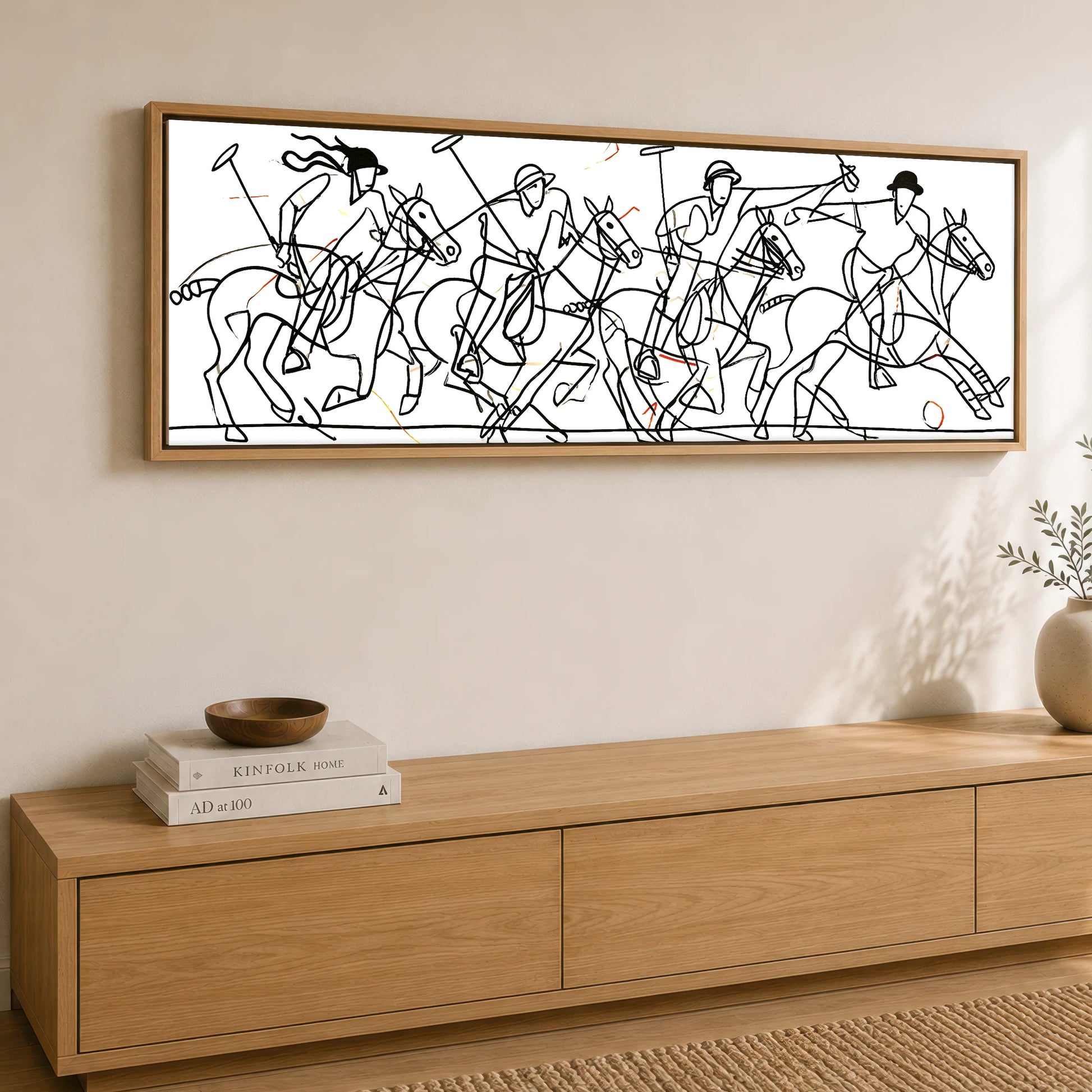 The Line of Play Polo Horse panoramic canvas wall art displayed above a sideboard