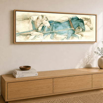 Harnessed Momentum Working Horse panoramic canvas wall art displayed above a sideboard