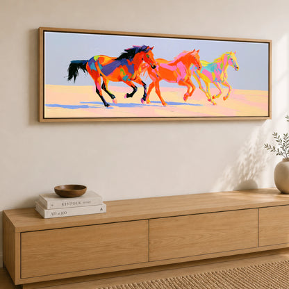 Vivid Stride Horse Landscape panoramic canvas wall art displayed above a sideboard