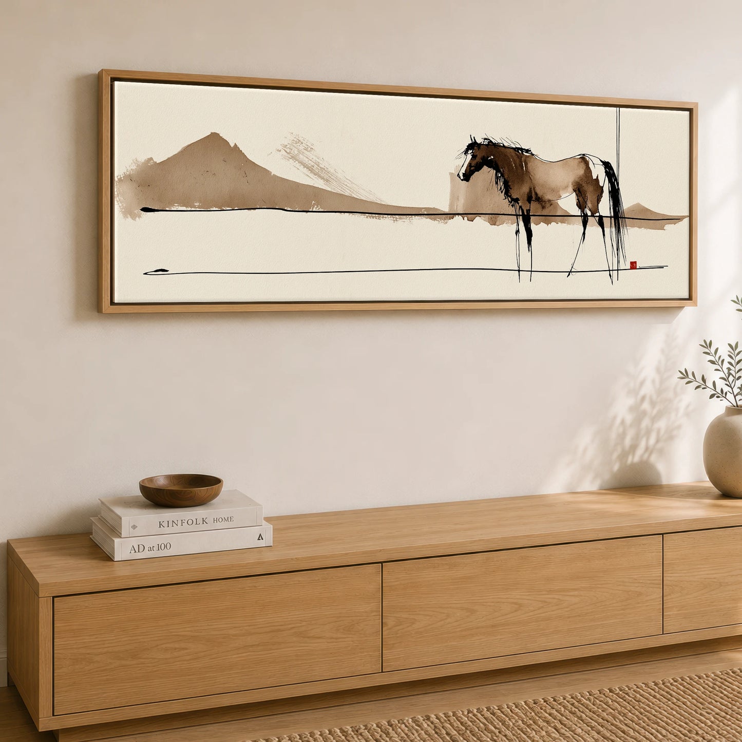 Silent Equine Horizon Horse Landscape panoramic canvas wall art displayed above a sideboard