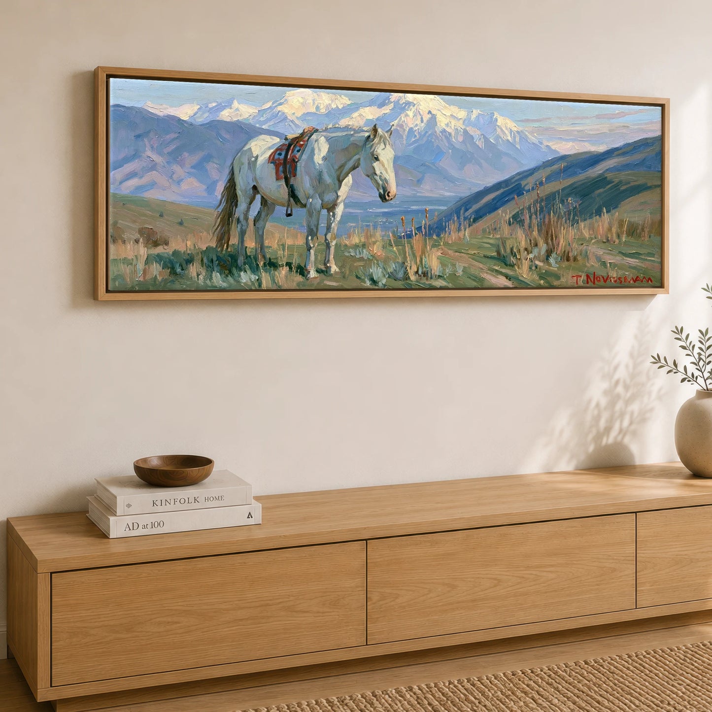 High Country Trail Horse Landscape panoramic canvas wall art displayed above a sideboard