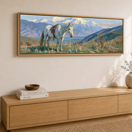 High Country Trail Horse Landscape panoramic canvas wall art displayed above a sideboard