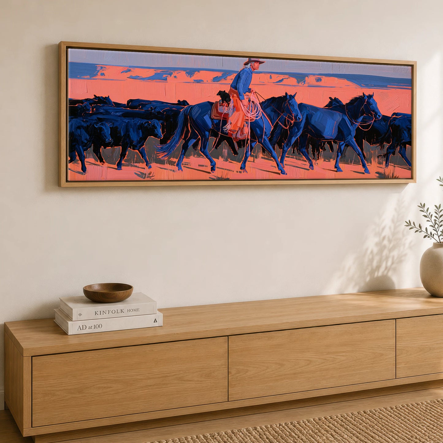 Desert Drover Western Horse panoramic canvas wall art displayed above a sideboard