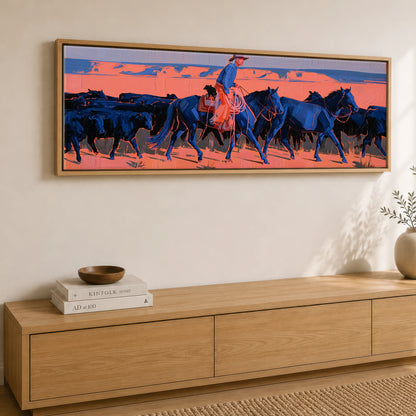 Desert Drover Western Horse panoramic canvas wall art displayed above a sideboard