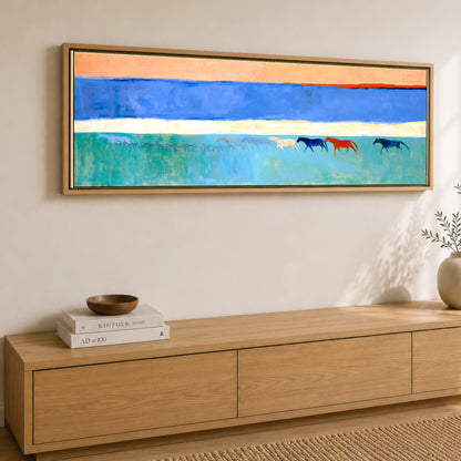 Across the Painted Tide Horse Landscape panoramic canvas wall art displayed above a sideboard