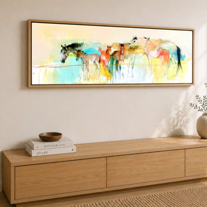 Vibrant Spring Herd Mare & Foal panoramic canvas wall art displayed above a sideboard