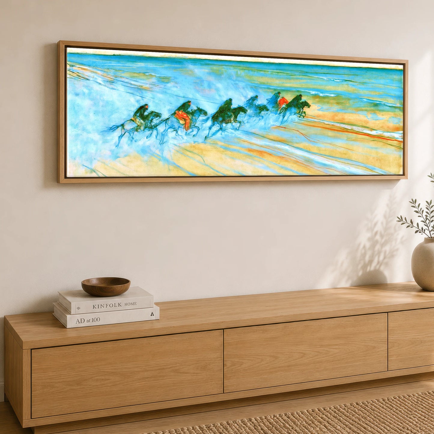 Racing the Tide Beach Horse panoramic canvas wall art displayed above a sideboard