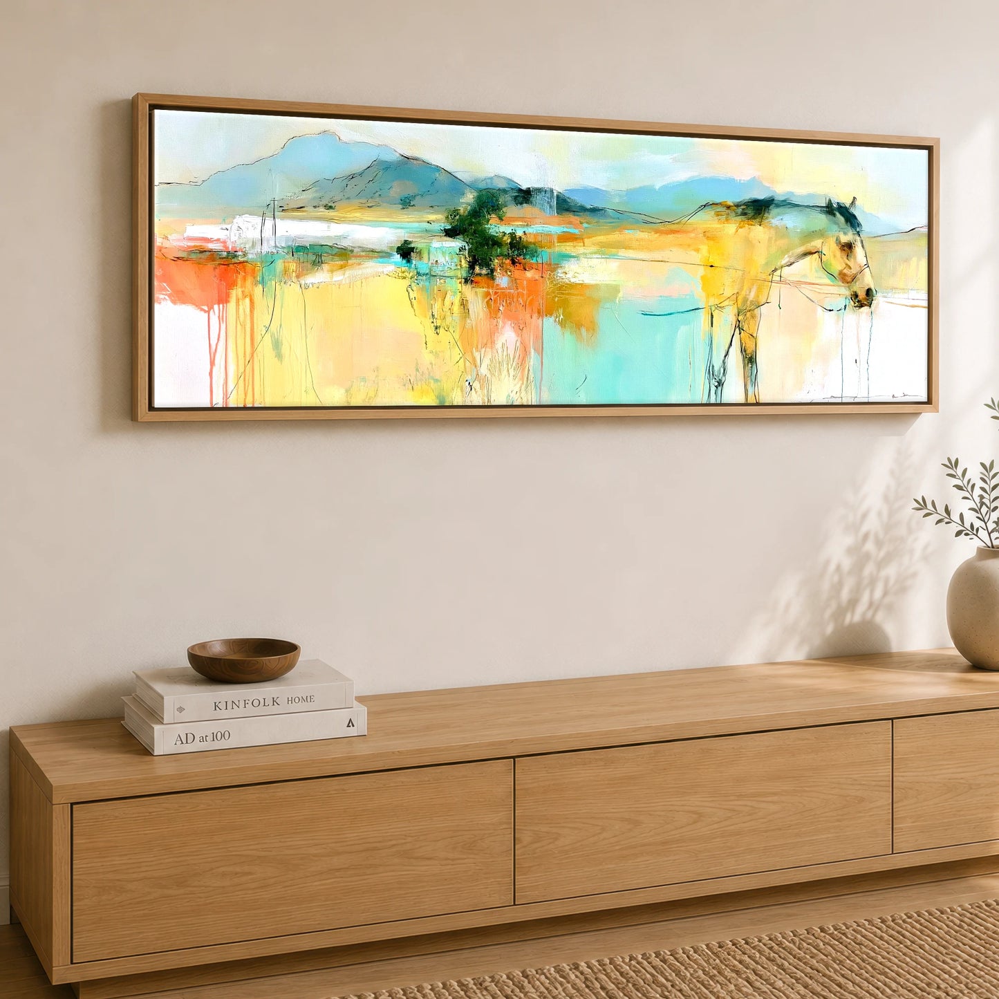 Vibrant Equine Horizon Horse Landscape panoramic canvas wall art displayed above a sideboard