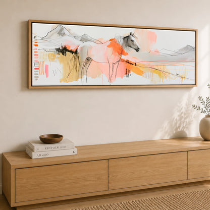 Painted Sunset Wanderer Horse Landscape panoramic canvas wall art displayed above a sideboard