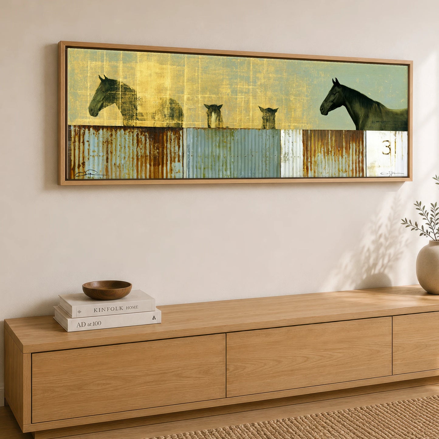Golden Yard Watch Horse Stable panoramic canvas wall art displayed above a sideboard