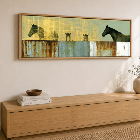 Golden Yard Watch Horse Stable panoramic canvas wall art displayed above a sideboard