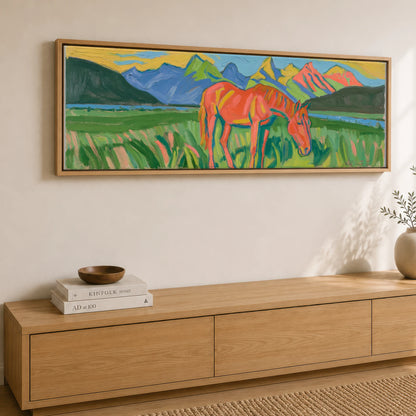 Vibrant Mountain Pasture Horse Landscape panoramic canvas wall art displayed above a sideboard