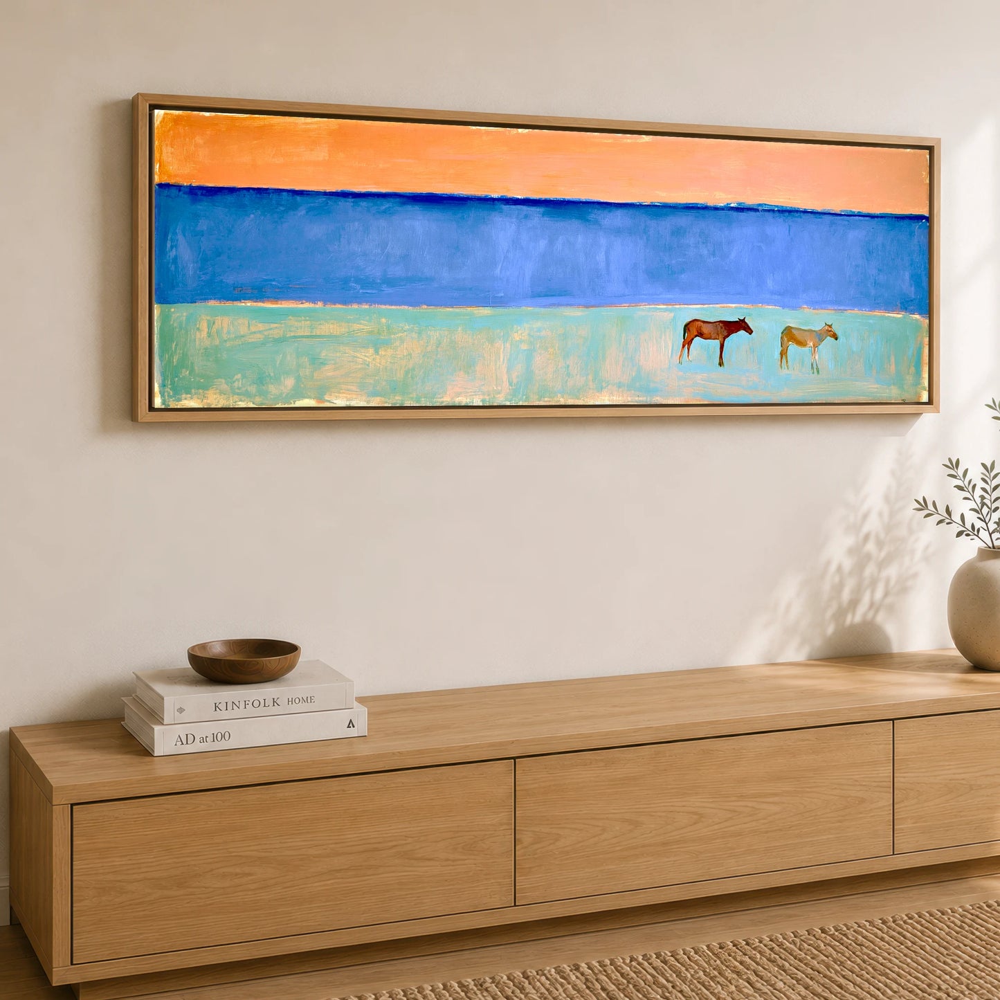 Coastal Pastures Horse Landscape panoramic canvas wall art displayed above a sideboard