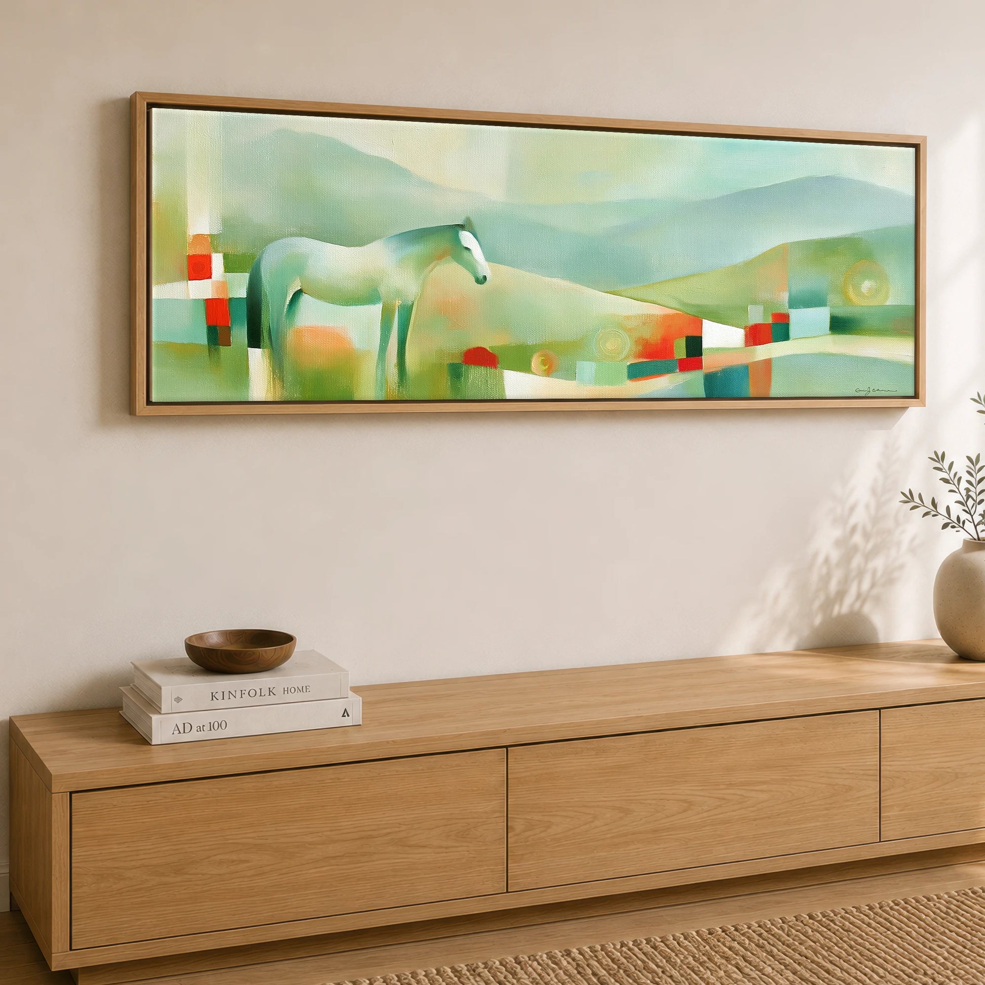 The Mint Horizon Horse Landscape panoramic canvas wall art displayed above a sideboard