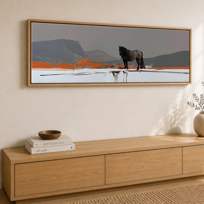 The Vivid Expanse Horse Landscape panoramic canvas wall art displayed above a sideboard