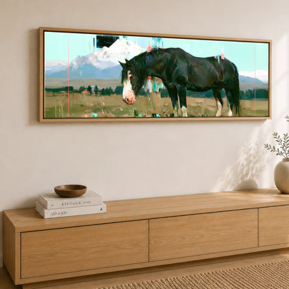Midnight Coat Beneath Peaks Horse Landscape panoramic canvas wall art displayed above a sideboard