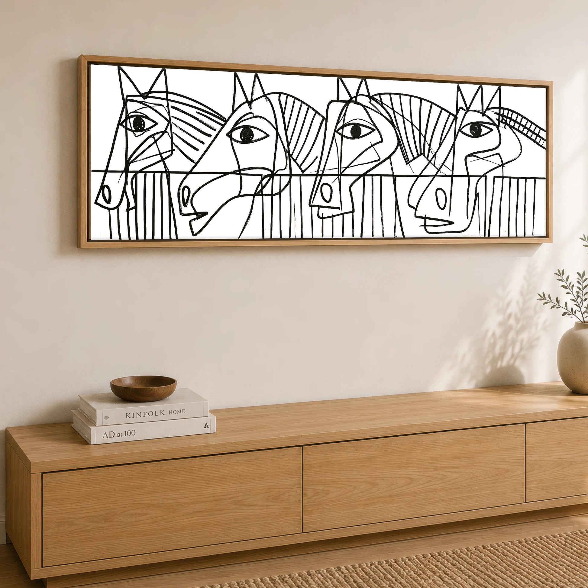 Modern Yard Lineup Horse Stable panoramic canvas wall art displayed above a sideboard