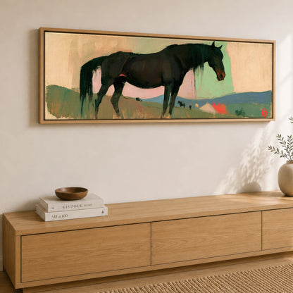 Dusk on the Ridge Horse Landscape panoramic canvas wall art displayed above a sideboard