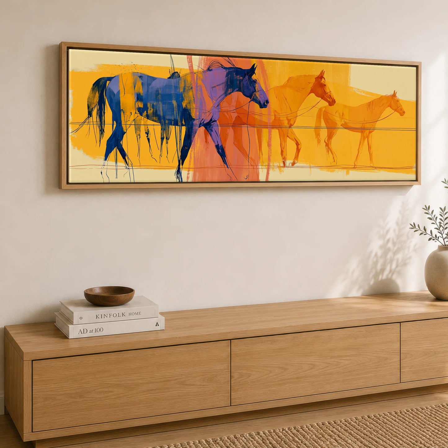 Cobalt Stride Sequence Beach Horse panoramic canvas wall art displayed above a sideboard