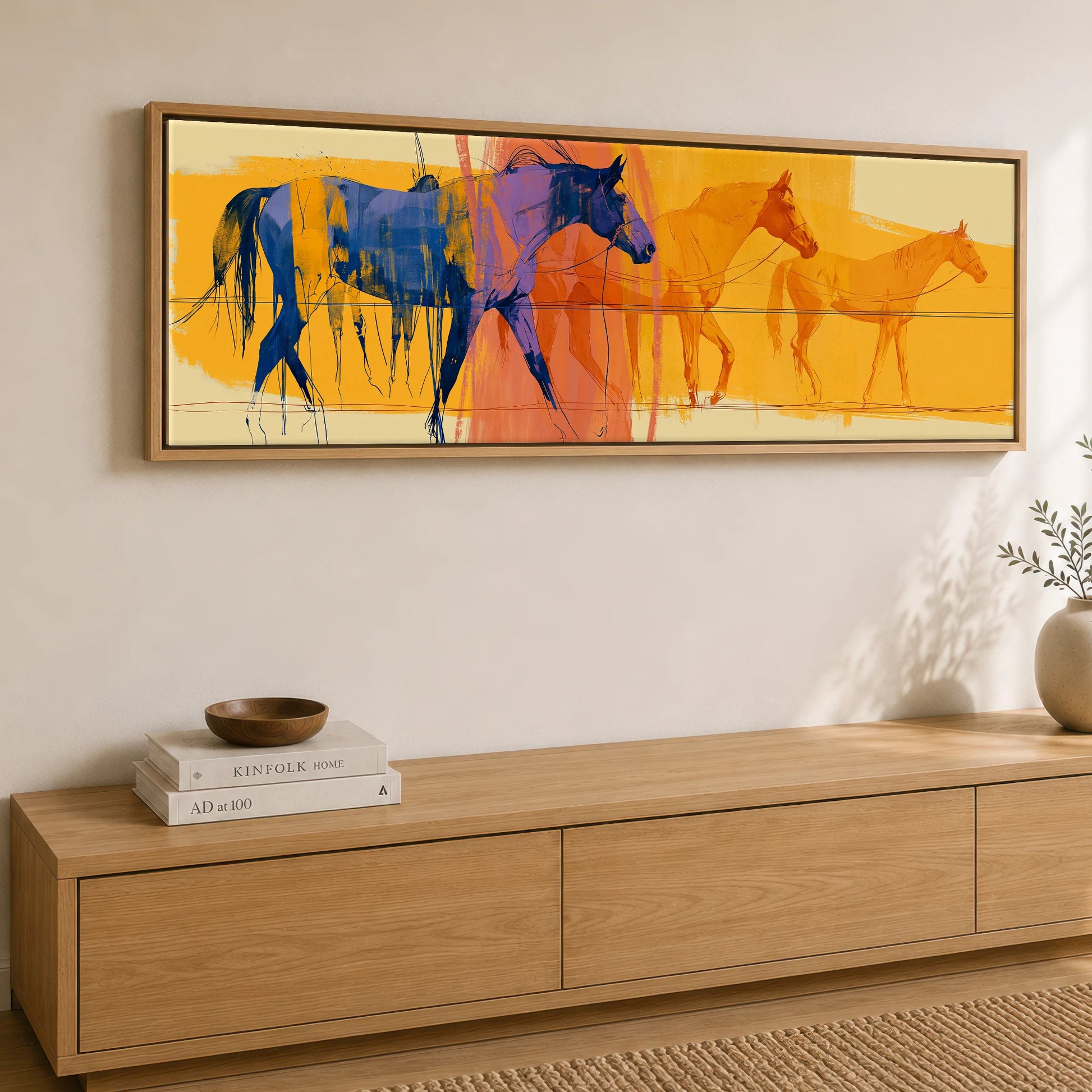 Cobalt Stride Sequence Beach Horse panoramic canvas wall art displayed above a sideboard