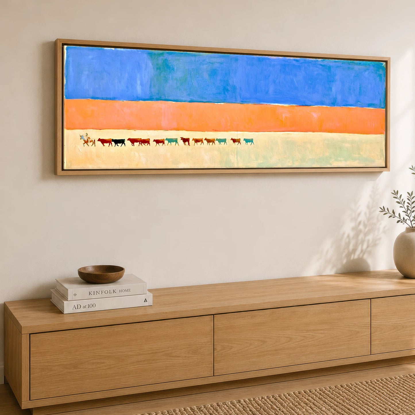Painted Desert Drive Western Horse panoramic canvas wall art displayed above a sideboard