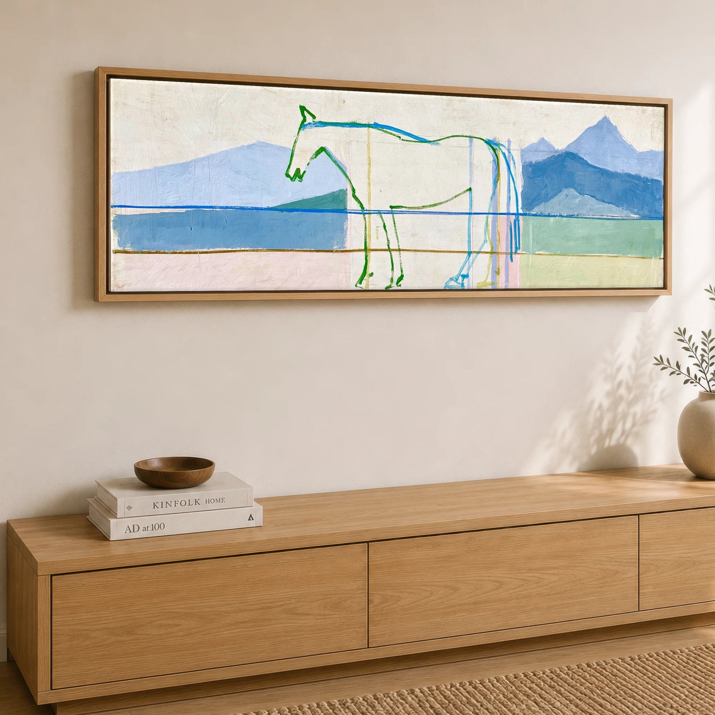 Architectural Equine Horizon Horse Landscape panoramic canvas wall art displayed above a sideboard