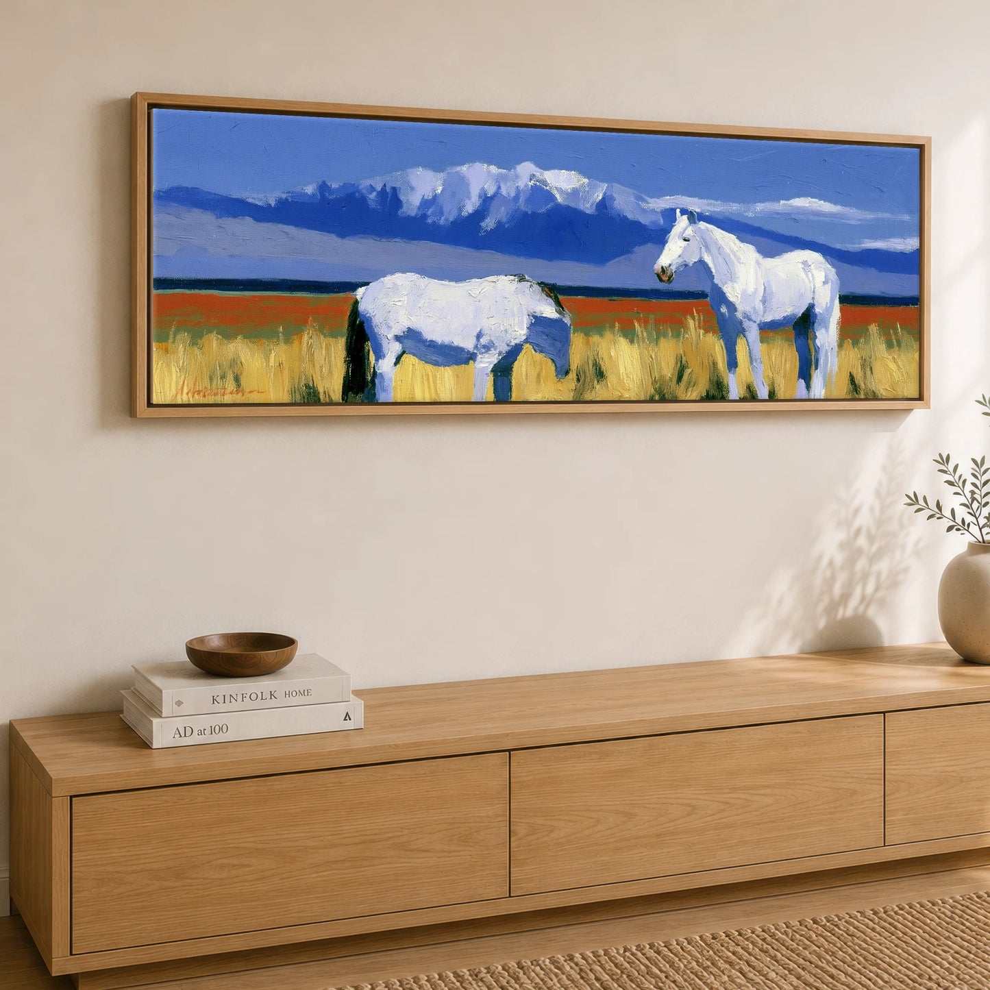 Vibrant Alpine Pasture Horse Landscape panoramic canvas wall art displayed above a sideboard