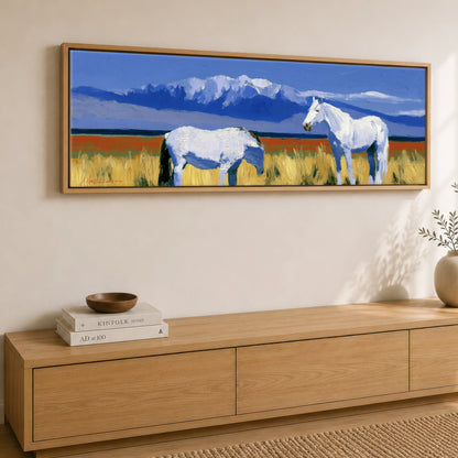 Vibrant Alpine Pasture Horse Landscape panoramic canvas wall art displayed above a sideboard