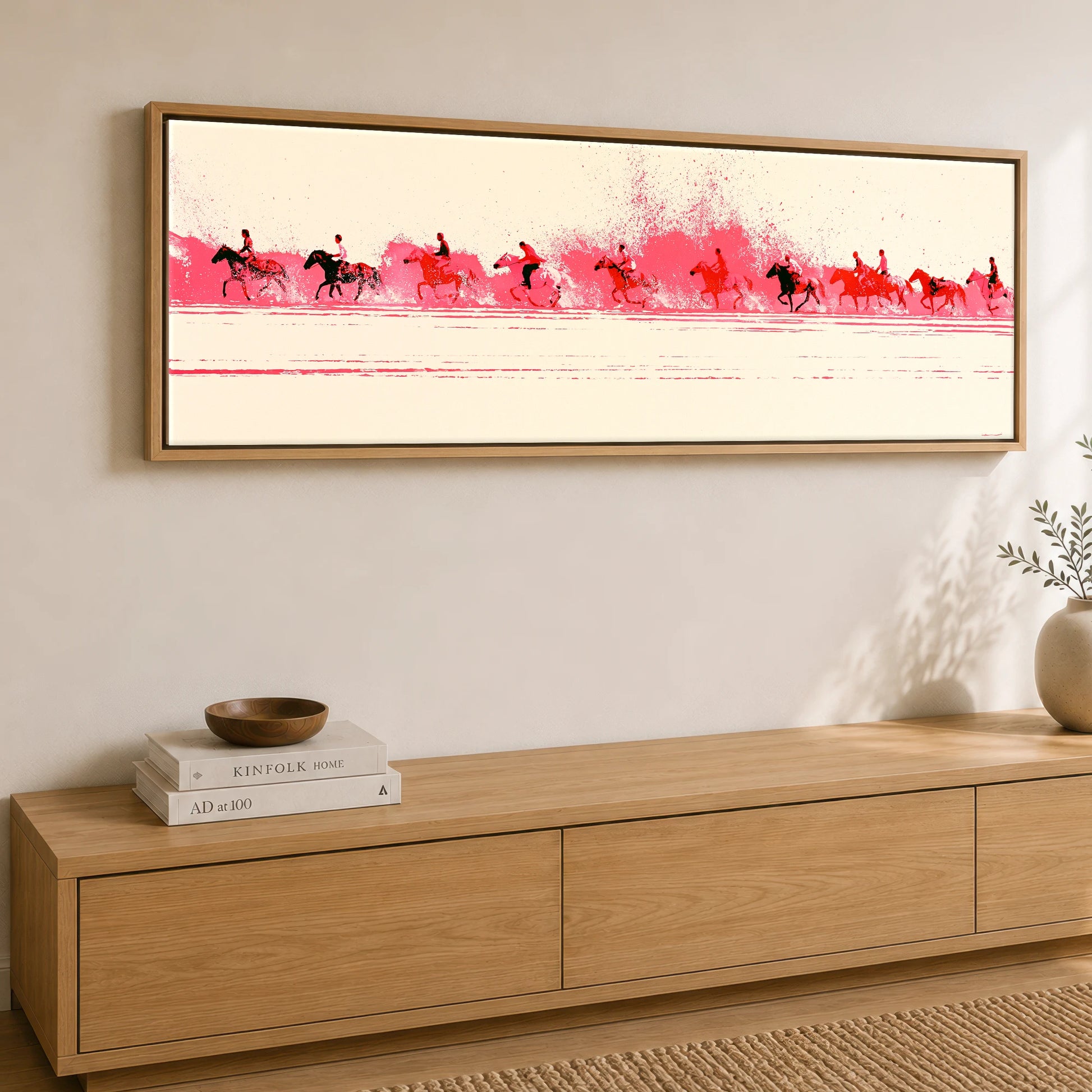 Magenta Surf Gallop Beach Horse panoramic canvas wall art displayed above a sideboard