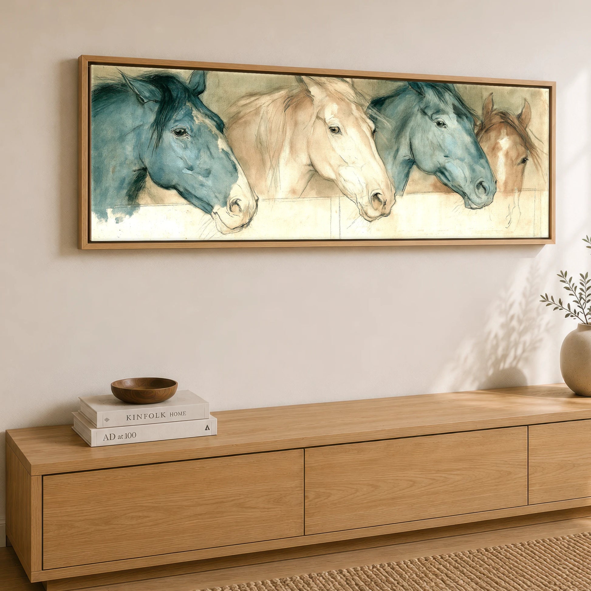Stable Companions Horse Stable panoramic canvas wall art displayed above a sideboard
