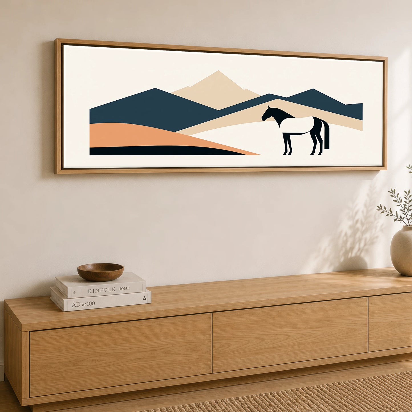Geometric Equine Horizon Horse Landscape panoramic canvas wall art displayed above a sideboard