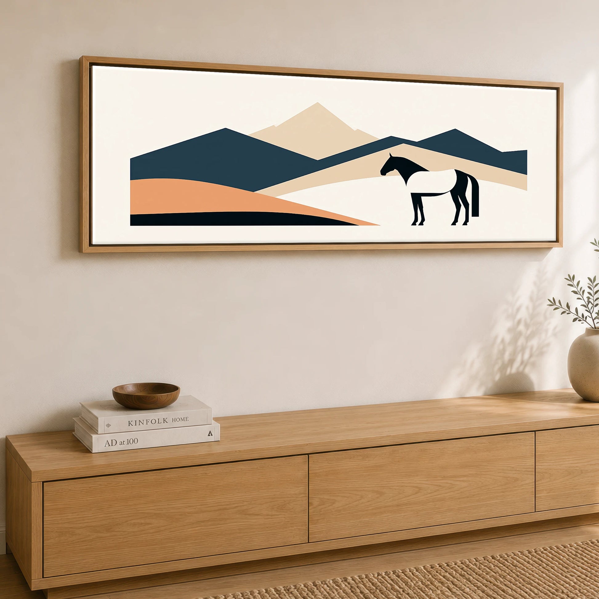 Geometric Equine Horizon Horse Landscape panoramic canvas wall art displayed above a sideboard