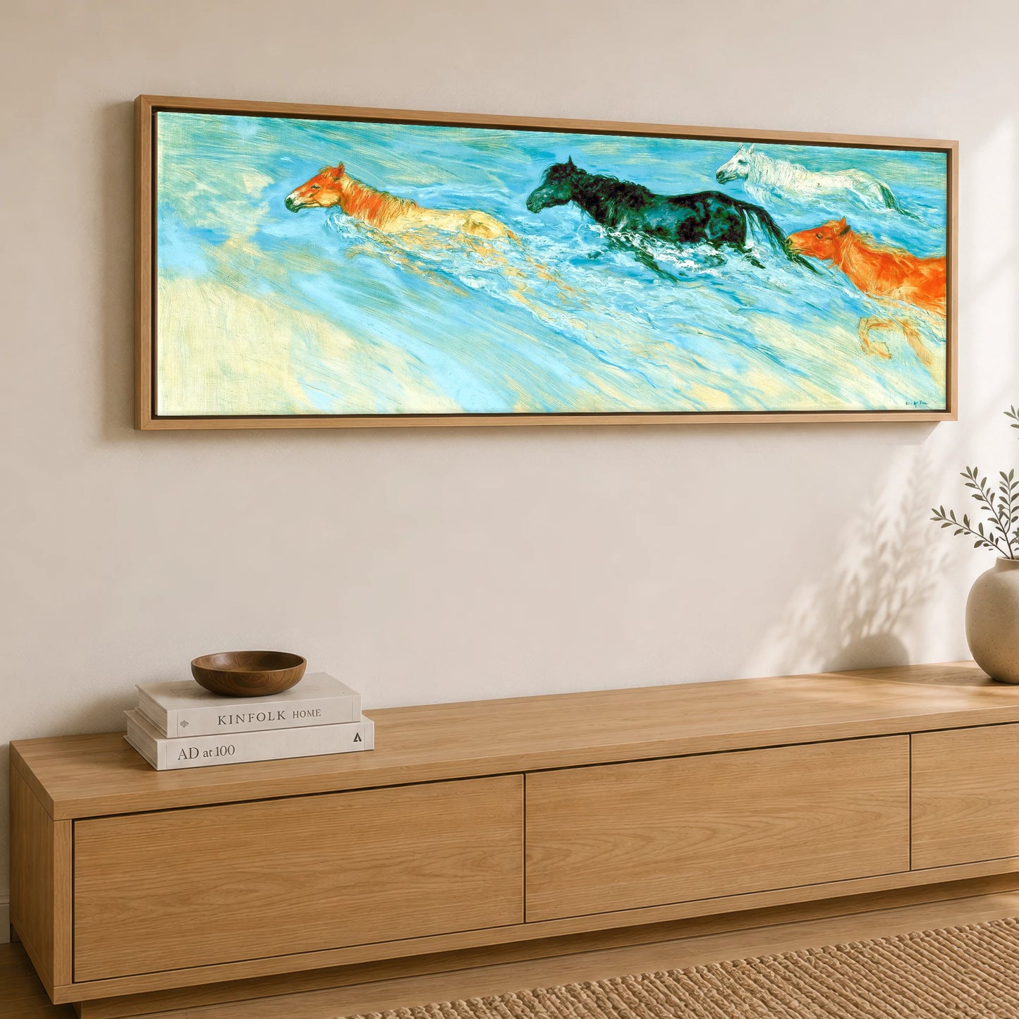 Vivid Surf Surge Beach Horse panoramic canvas wall art displayed above a sideboard