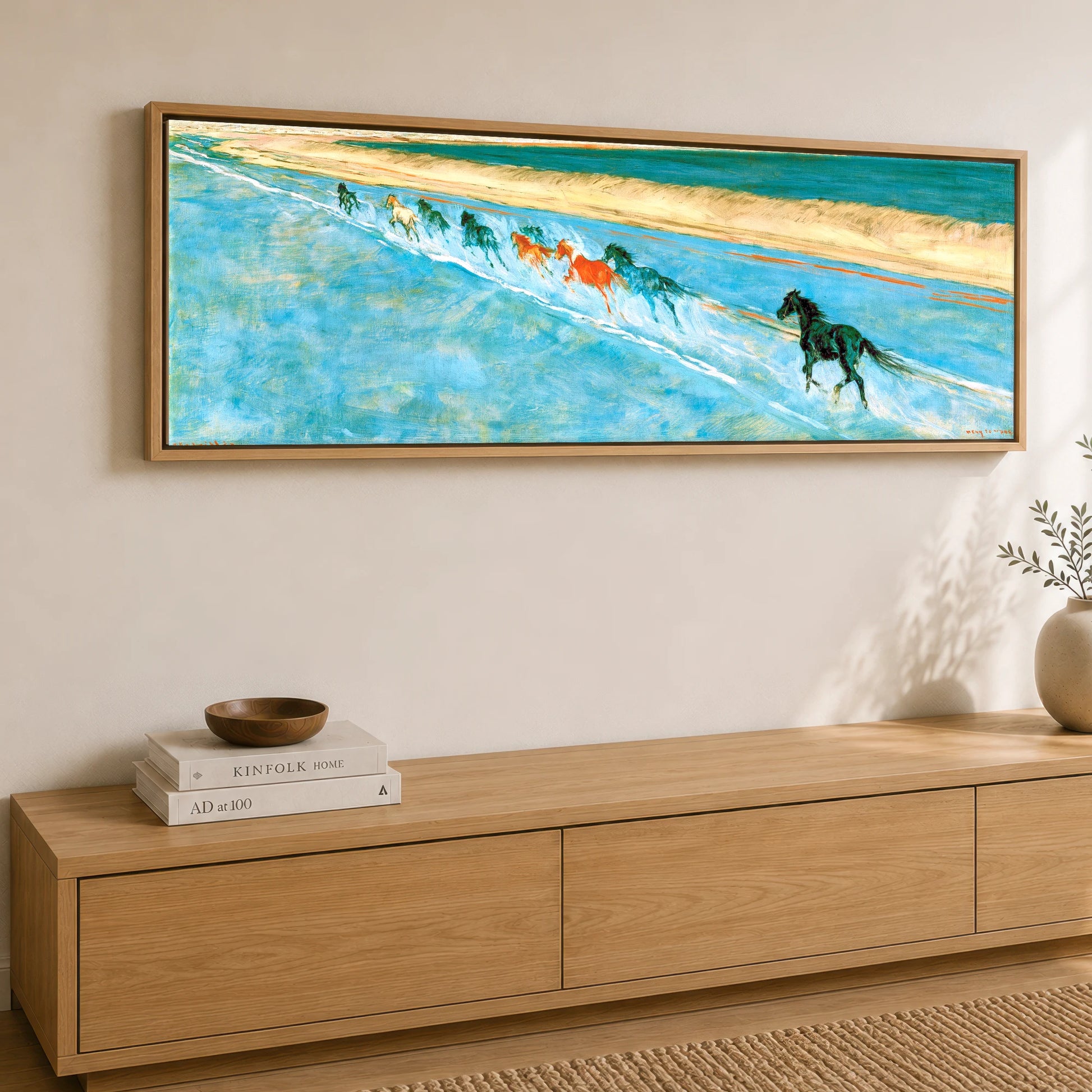 Azure Surf Gallop Beach Horse panoramic canvas wall art displayed above a sideboard