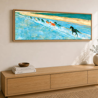 Azure Surf Gallop Beach Horse panoramic canvas wall art displayed above a sideboard