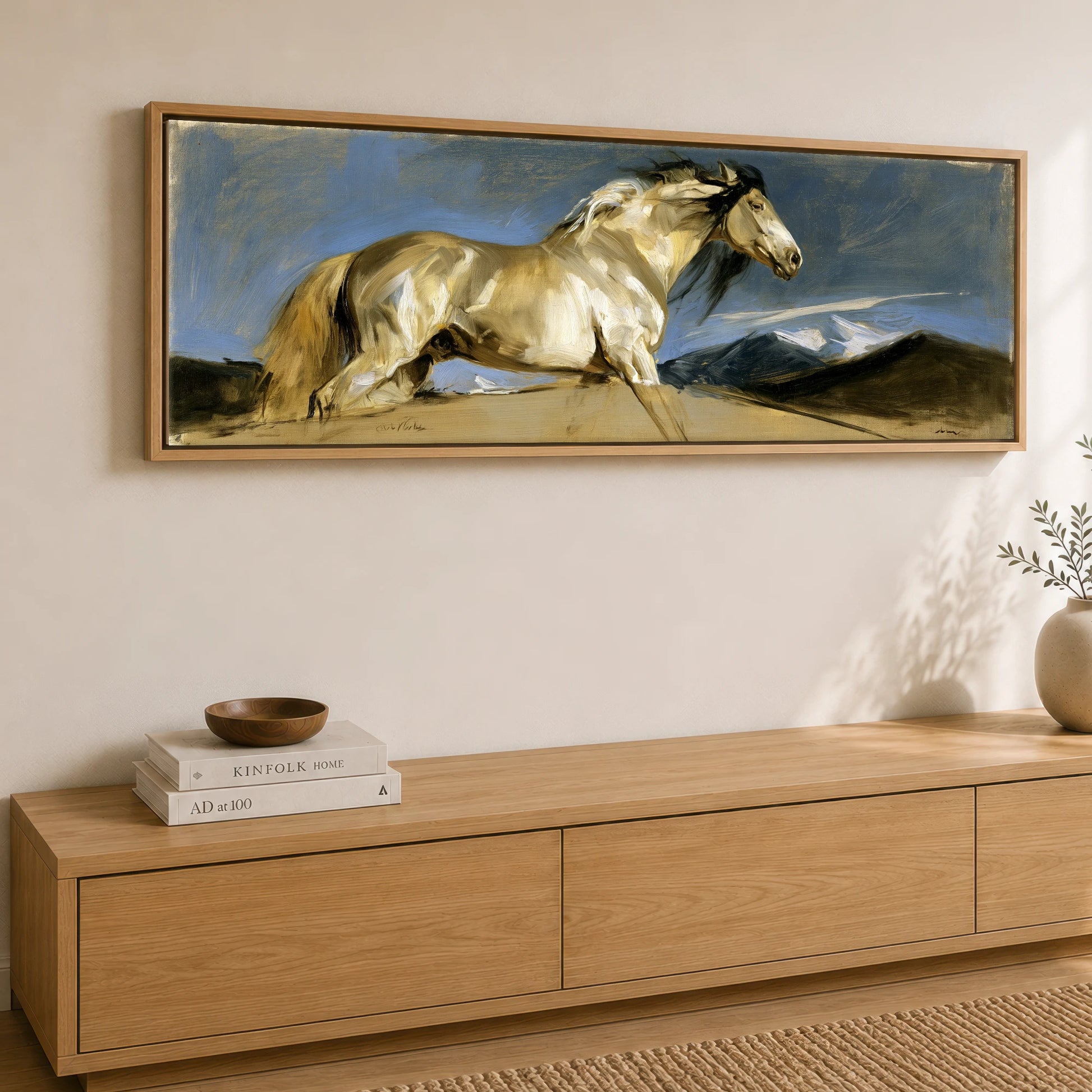 Wild Mountain Gallop Horse Landscape panoramic canvas wall art displayed above a sideboard