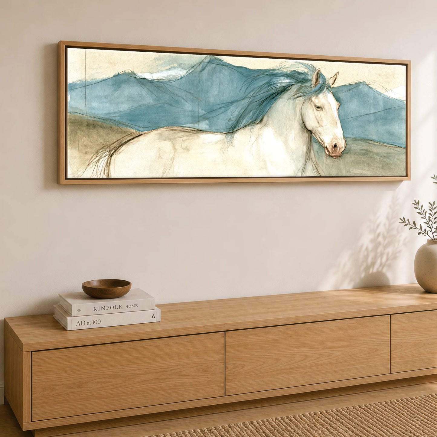 Azure Ridge Horse Landscape panoramic canvas wall art displayed above a sideboard