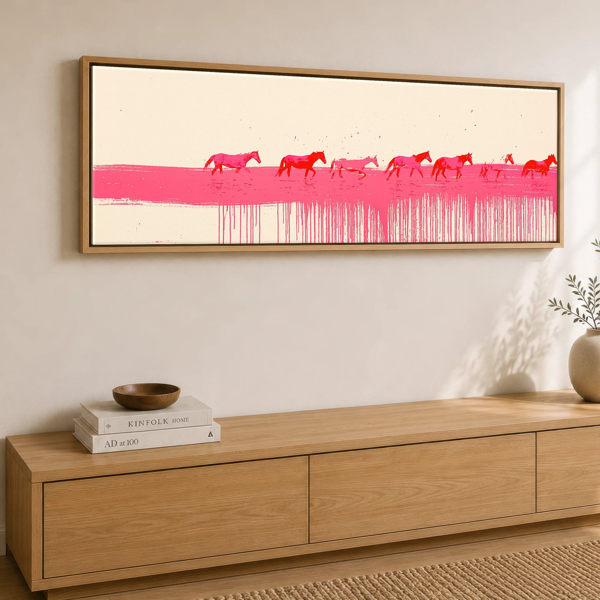Vivid Magenta Horizon Beach Horse panoramic canvas wall art displayed above a sideboard