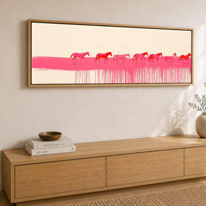 Vivid Magenta Horizon Beach Horse panoramic canvas wall art displayed above a sideboard