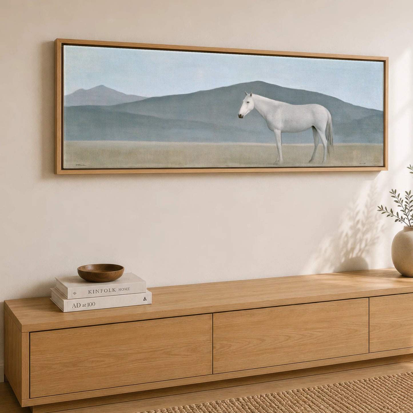 Stoic Grey in Slate Horse Landscape panoramic canvas wall art displayed above a sideboard