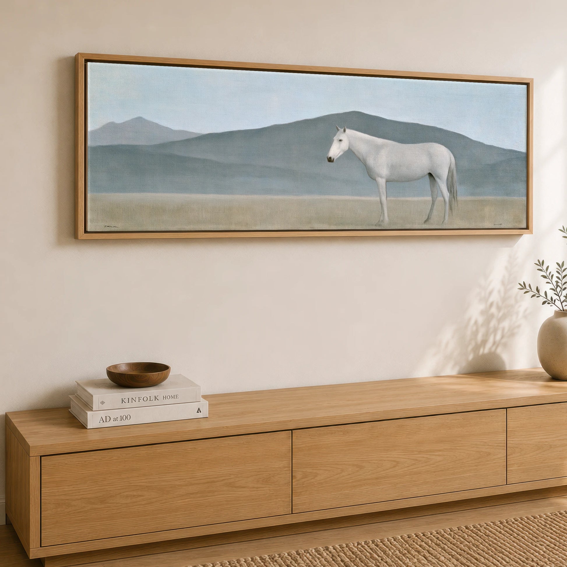 Stoic Grey in Slate Horse Landscape panoramic canvas wall art displayed above a sideboard