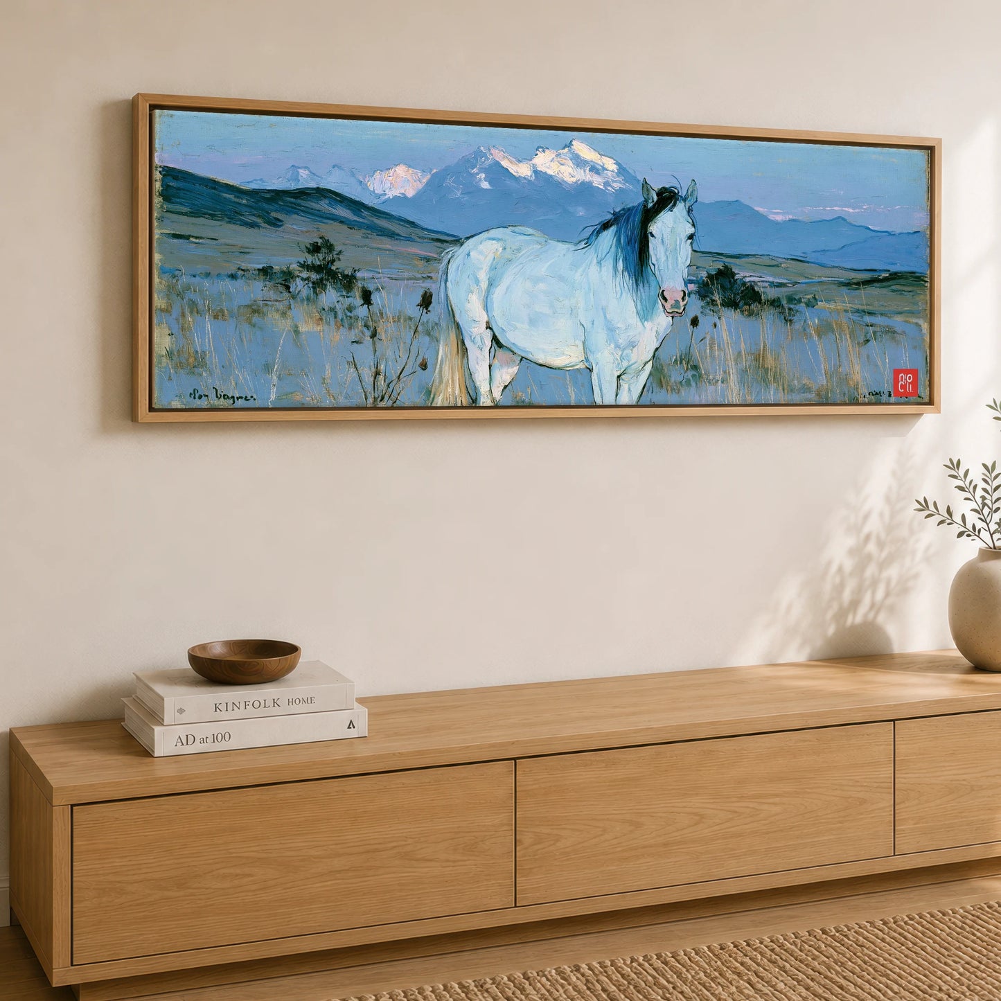 High Country Sentinel Horse Landscape panoramic canvas wall art displayed above a sideboard