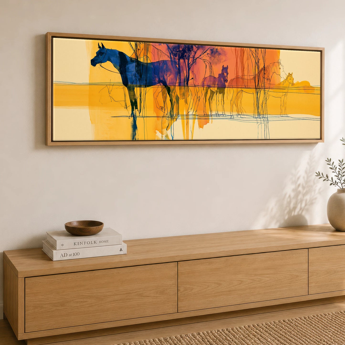Cobalt and Gold Mirage Beach Horse panoramic canvas wall art displayed above a sideboard