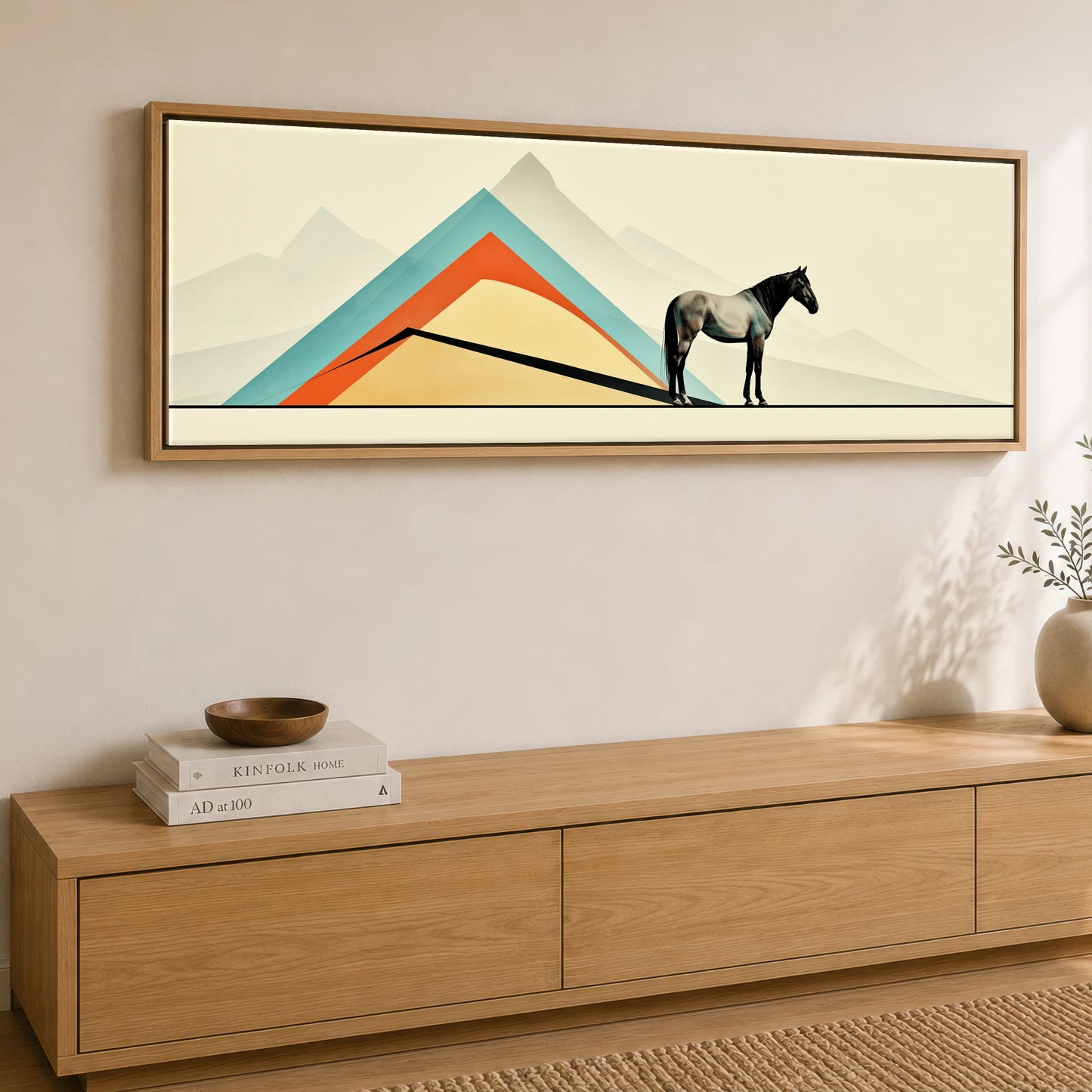 Geometric Equine Horizon Horse Landscape panoramic canvas wall art displayed above a sideboard