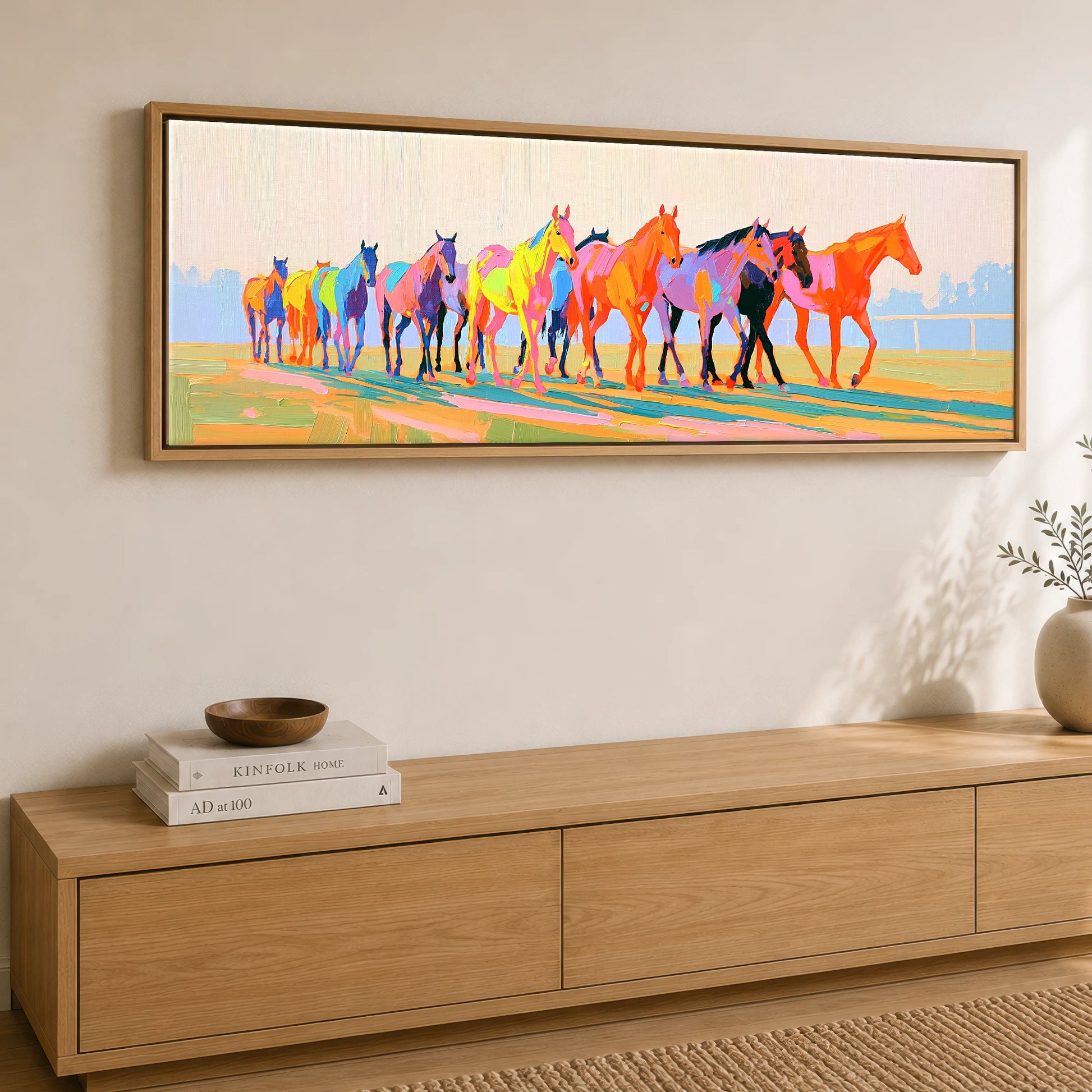 Vibrant Racing String Racing Horse panoramic canvas wall art displayed above a sideboard