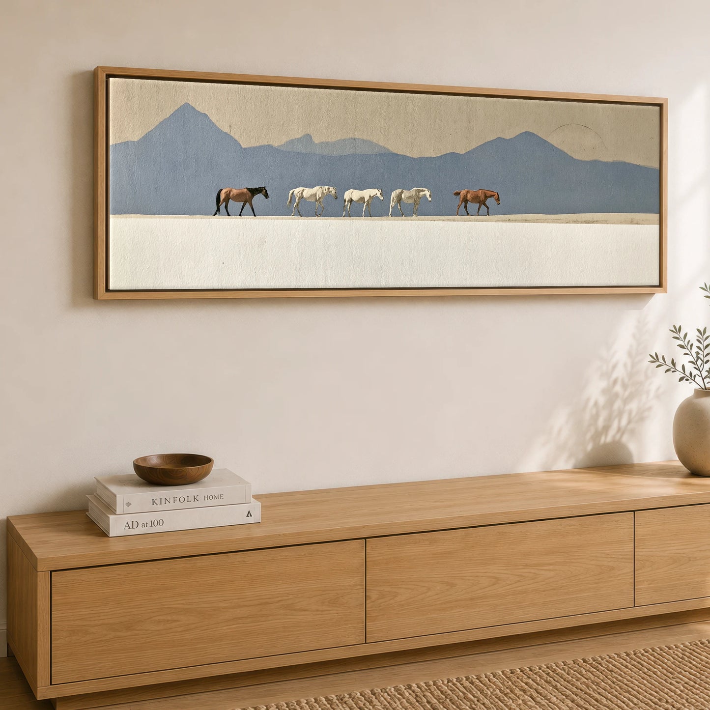 Journey Beneath Azure Peaks Horse Landscape panoramic canvas wall art displayed above a sideboard