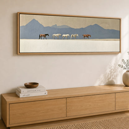 Journey Beneath Azure Peaks Horse Landscape panoramic canvas wall art displayed above a sideboard